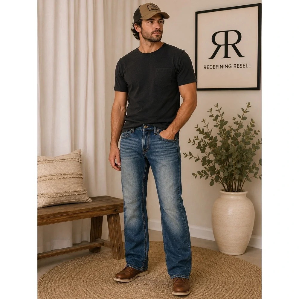 True Religion Ricky Relaxed Straight Medium Wash Blue Jeans Mens 36x33